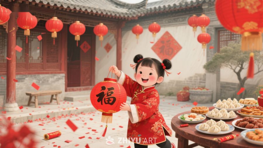小女孩手持红灯笼庆祝传统节日 970