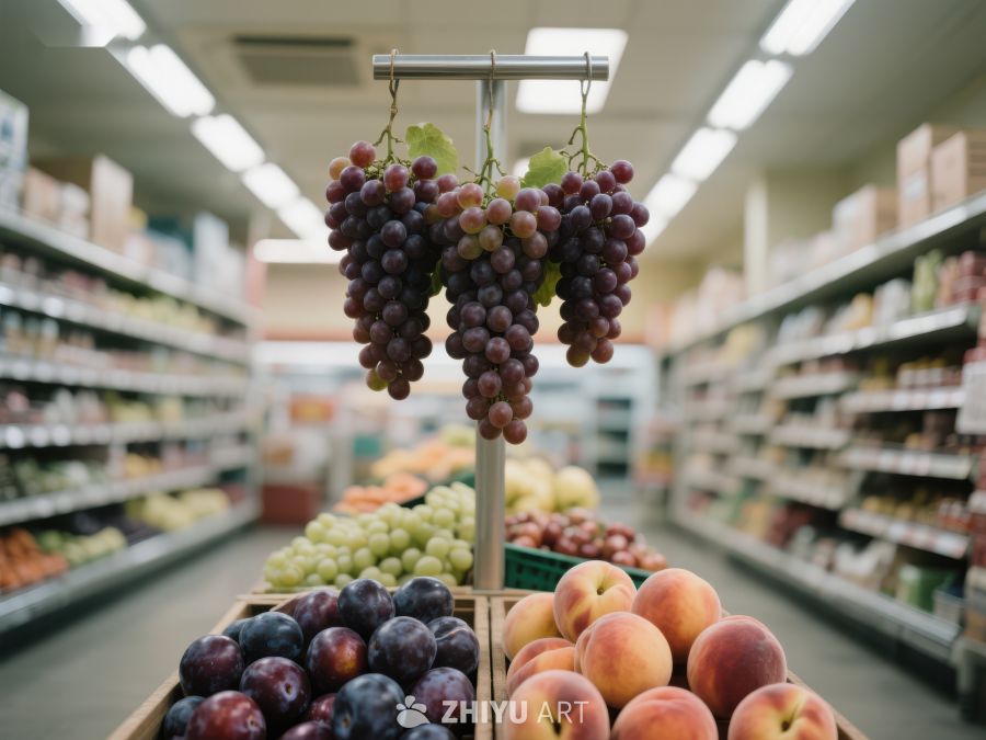 超市水果区展示新鲜葡萄与桃子 149