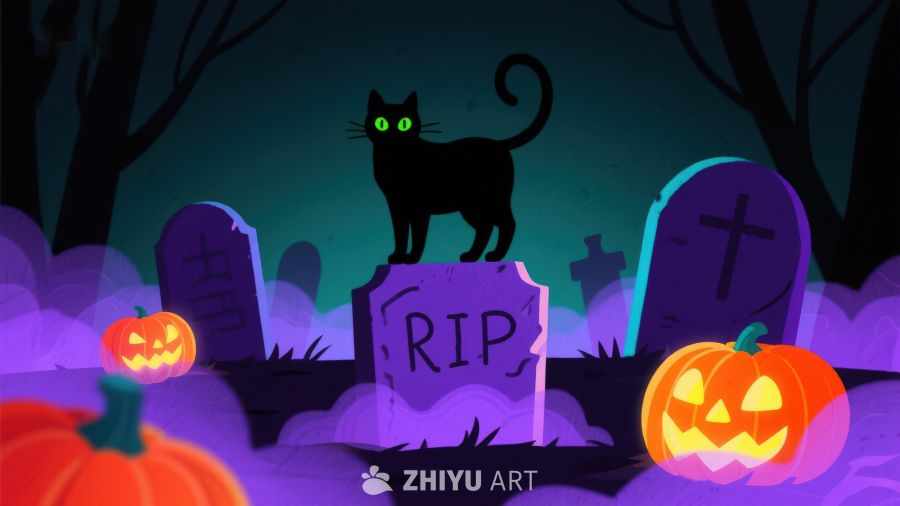 万圣夜墓地黑猫与南瓜灯