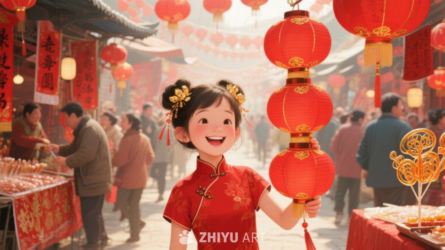 小女孩手持红灯笼欢庆节日 969