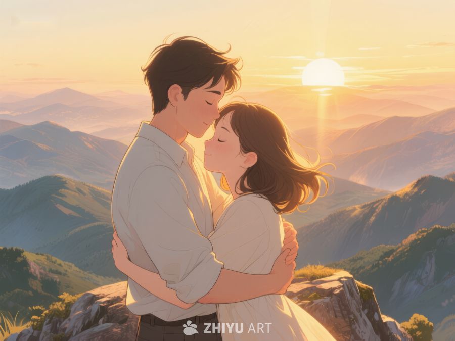 山巅情侣相拥，夕阳映照浪漫 599