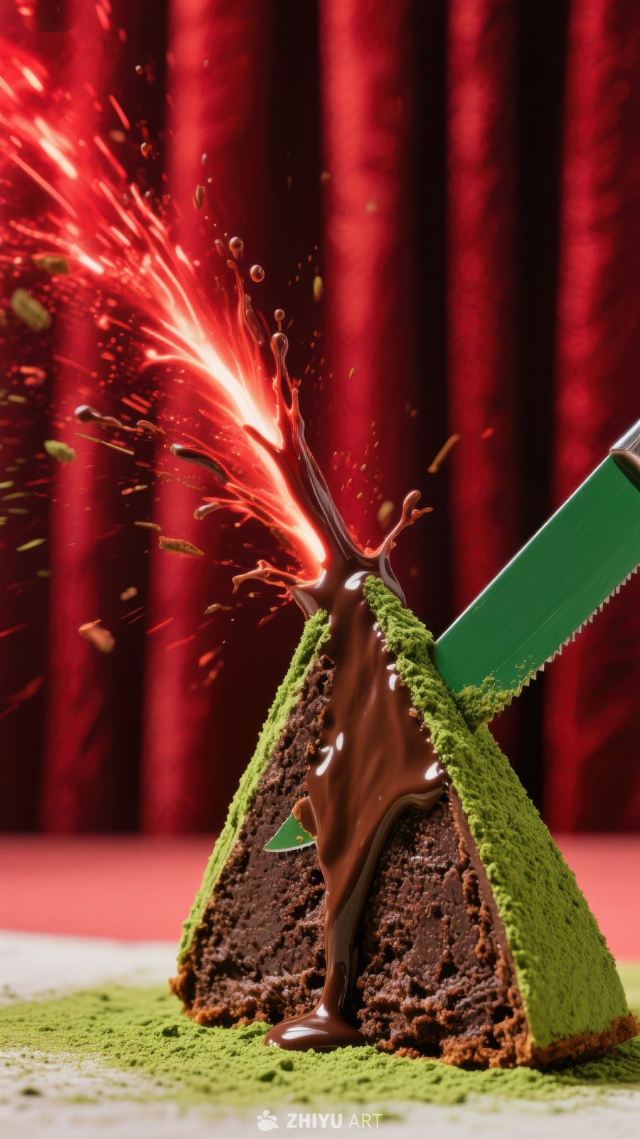 巧克力蛋糕切开瞬间，火花四溅