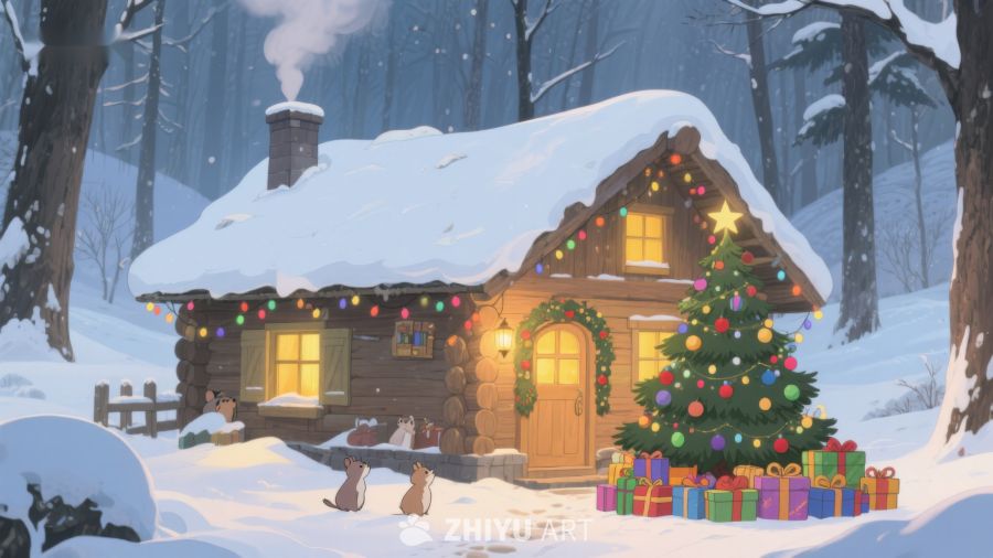 雪夜中的温馨小屋与圣诞树 512
