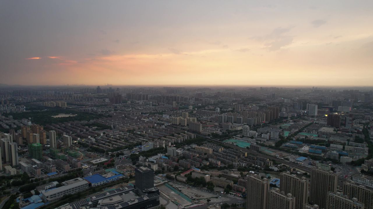 山东淄博城市大景晚霞航拍