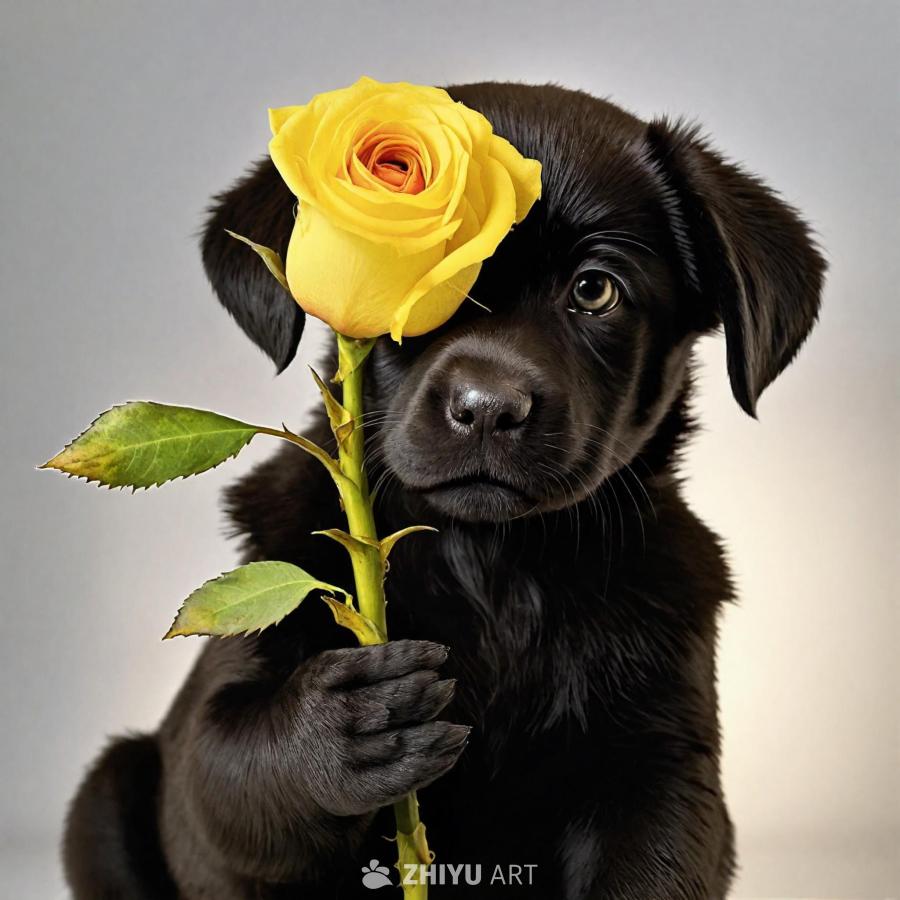 一只黑色的幼犬爪子握着一枝黄色的玫瑰花。幼犬坐在画