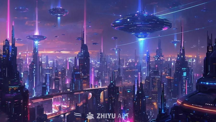 夜幕下的未来城市，霓虹灯照亮了高耸的未来主义建筑。