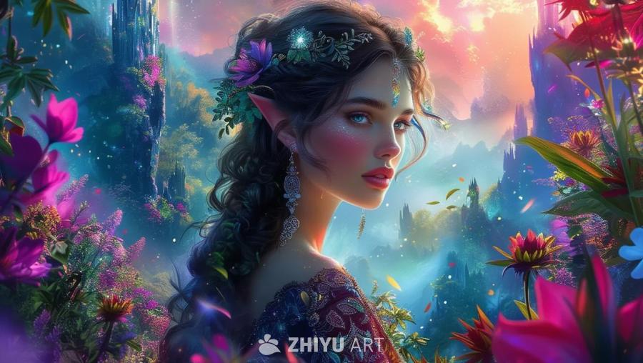 一位女性角色的高质量幻想画像，色彩丰富。她戴着花环
