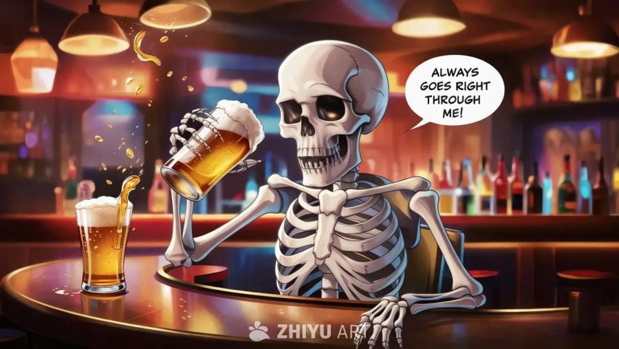 一个动画风格的图像，展示了一个坐在吧台前的骷髅。骷