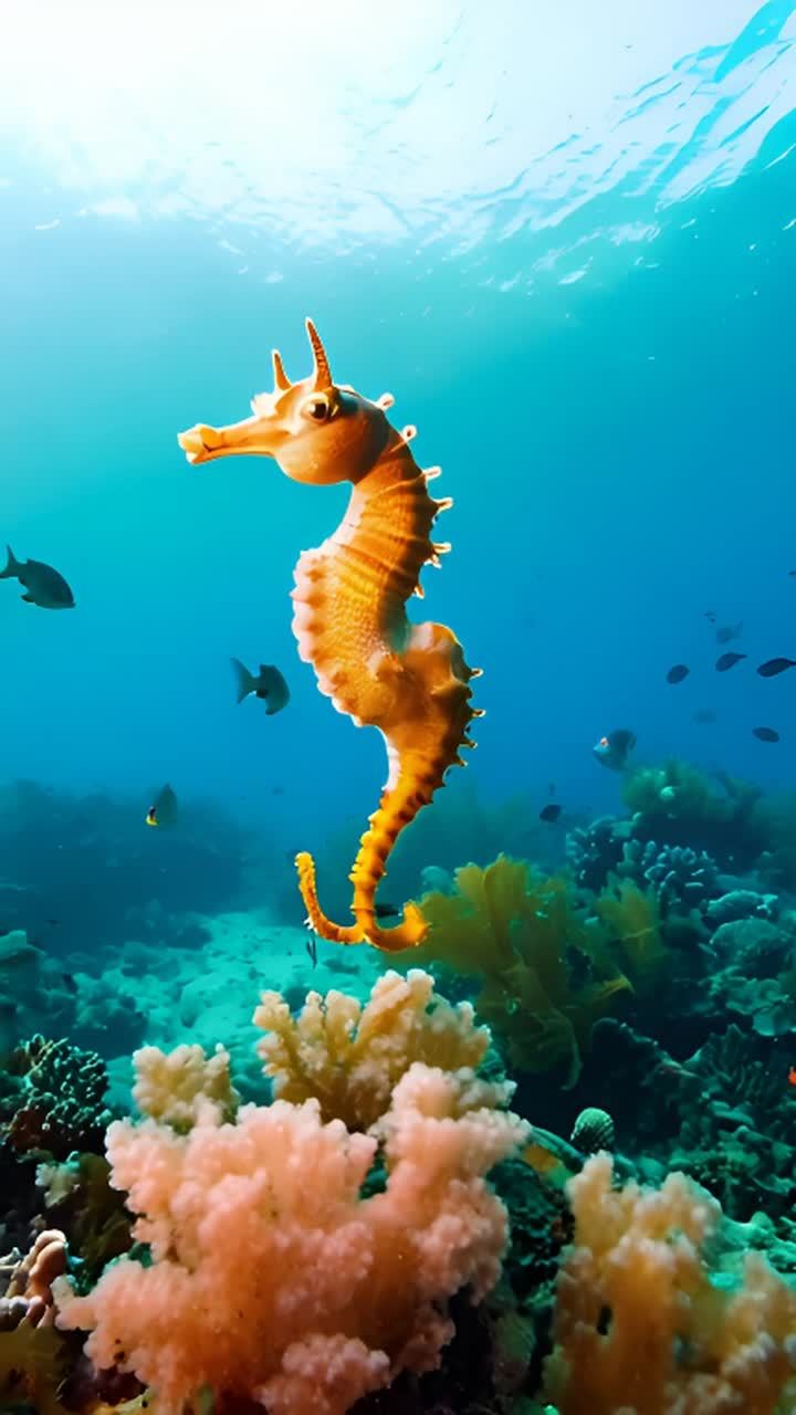 水下有一只美丽的海马优雅地游弋着。海水清澈透明，呈