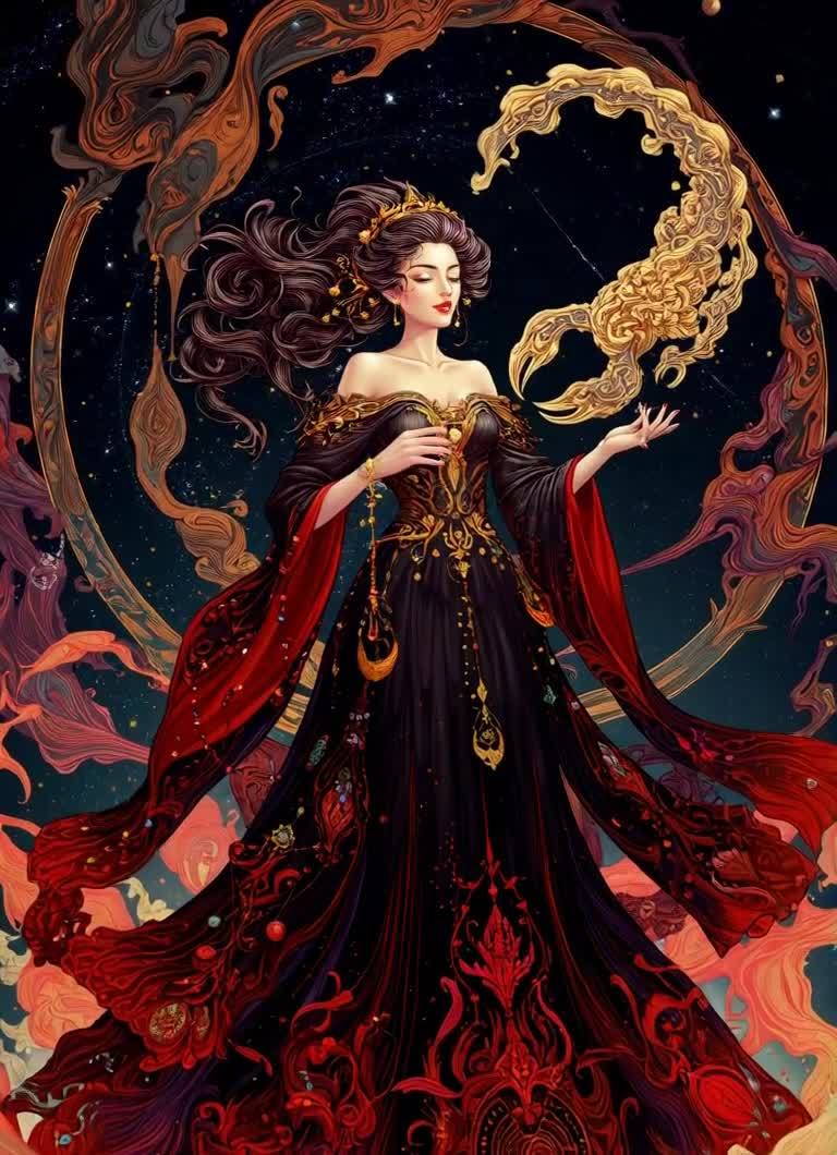 穿着华丽长裙的女子站在星空背景前，裙子主体为黑色，
