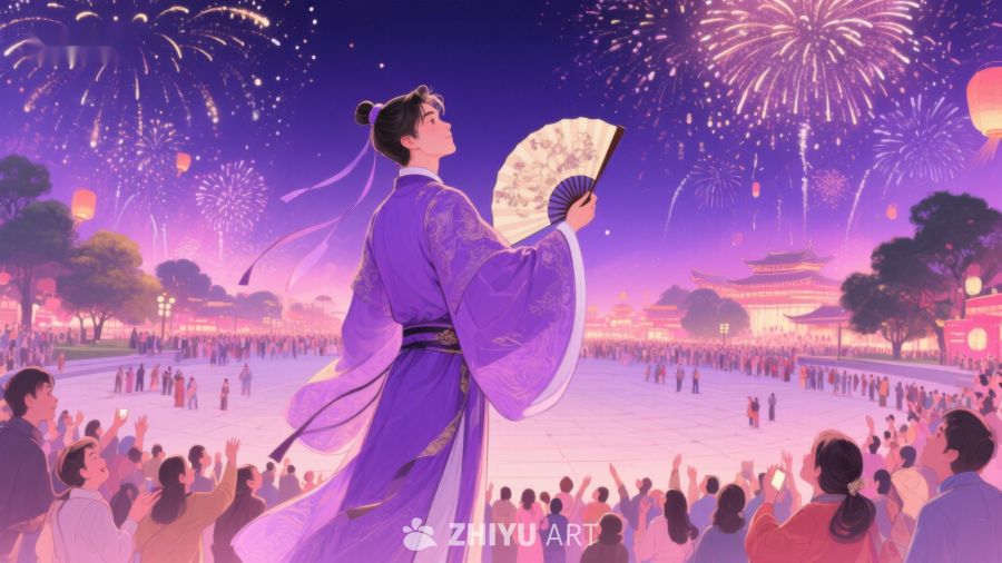 紫衣人物手持团扇，仰望烟花夜景 1263
