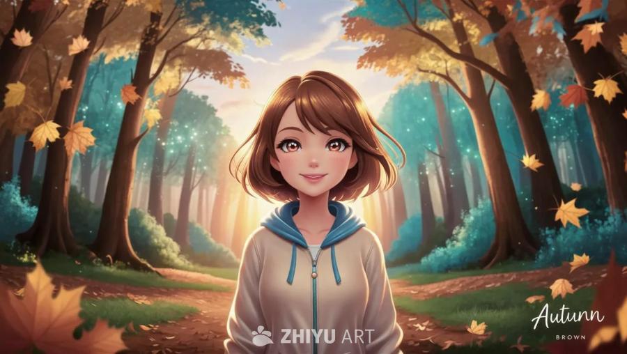 一个广角鸟瞰视角的魔法秋季森林，沐浴在柔和的夕阳中
