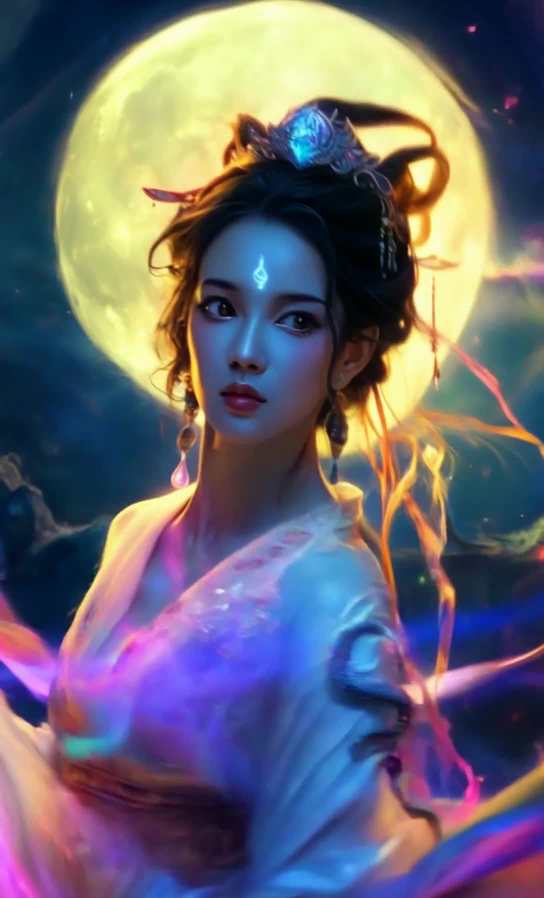一位身着白色服饰的女性，其发髻上装饰着镶嵌着宝石的