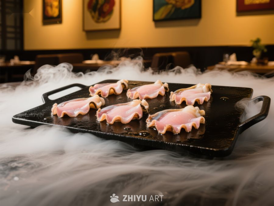干冰烟雾中的扇贝美食