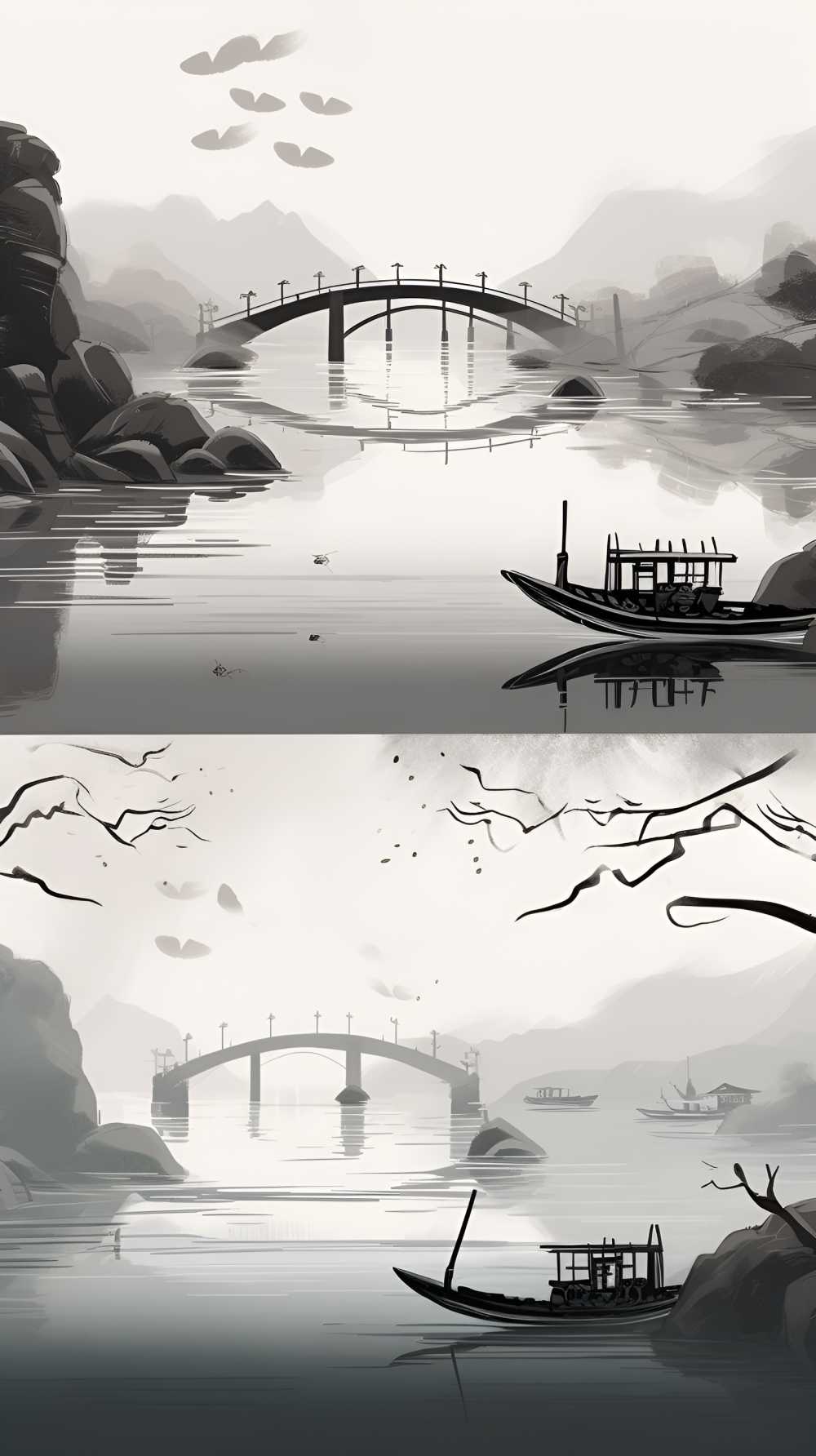 古风黑白桥山水画