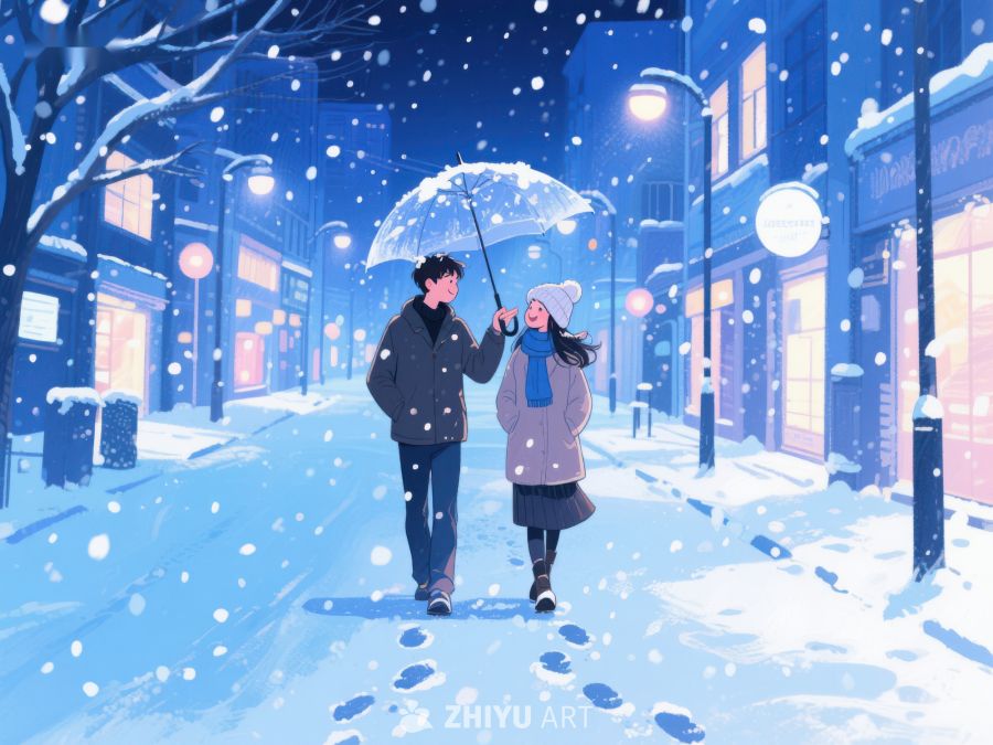 冬夜雪中漫步的情侣 157
