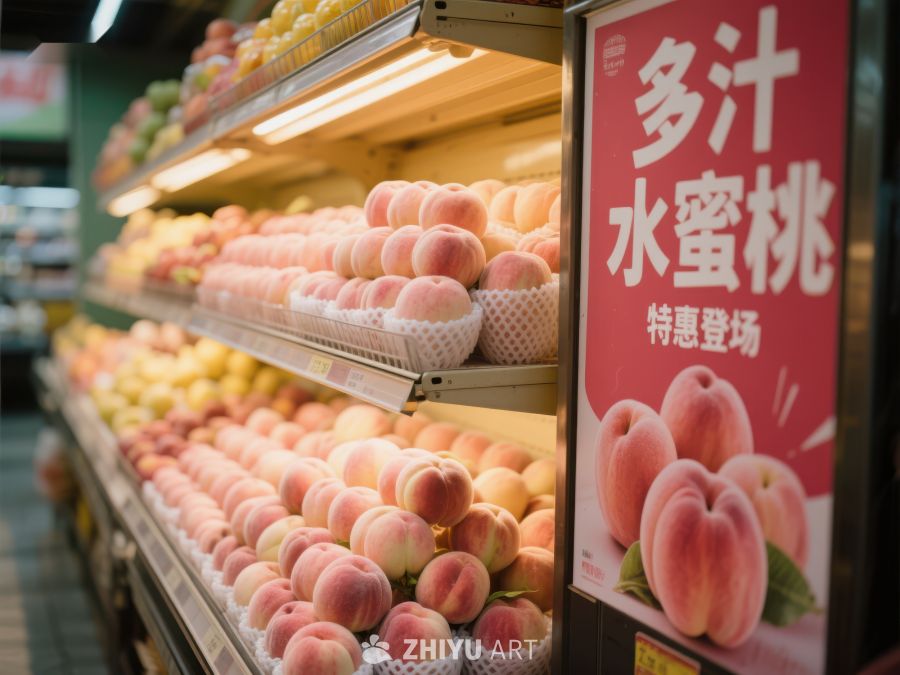 超市水果区展示多汁水蜜桃 138