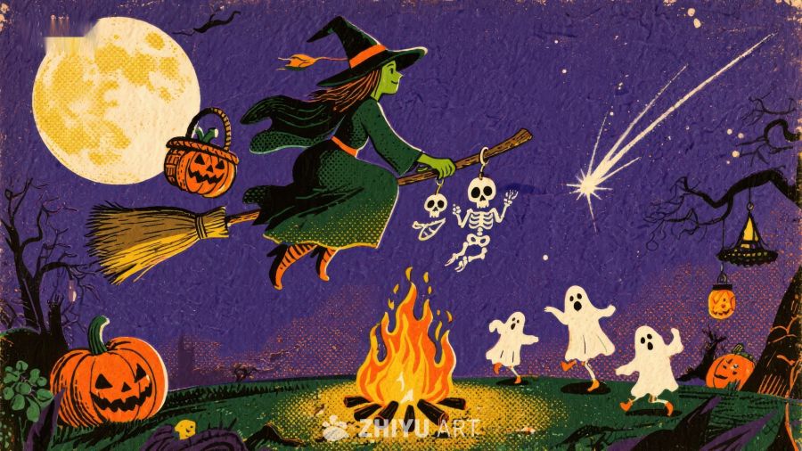 万圣夜巫女飞行，幽灵环绕篝火