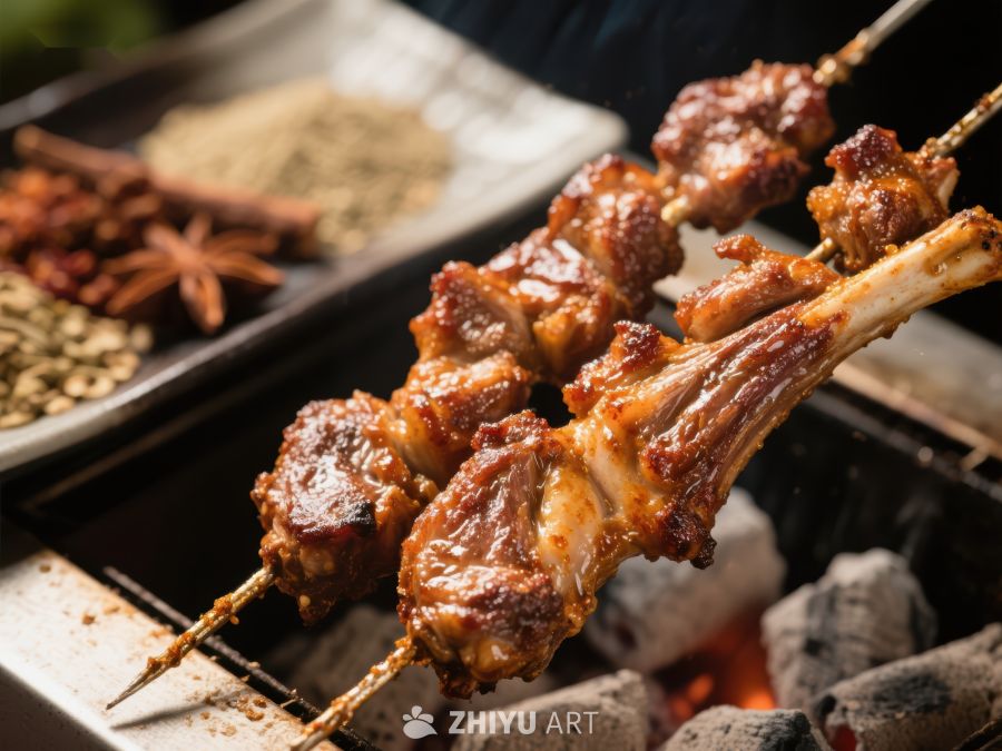 炭火烤制的美味羊肉串