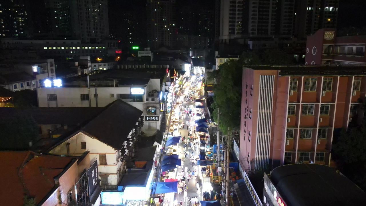 广西南宁中山路美食街夜景航拍 