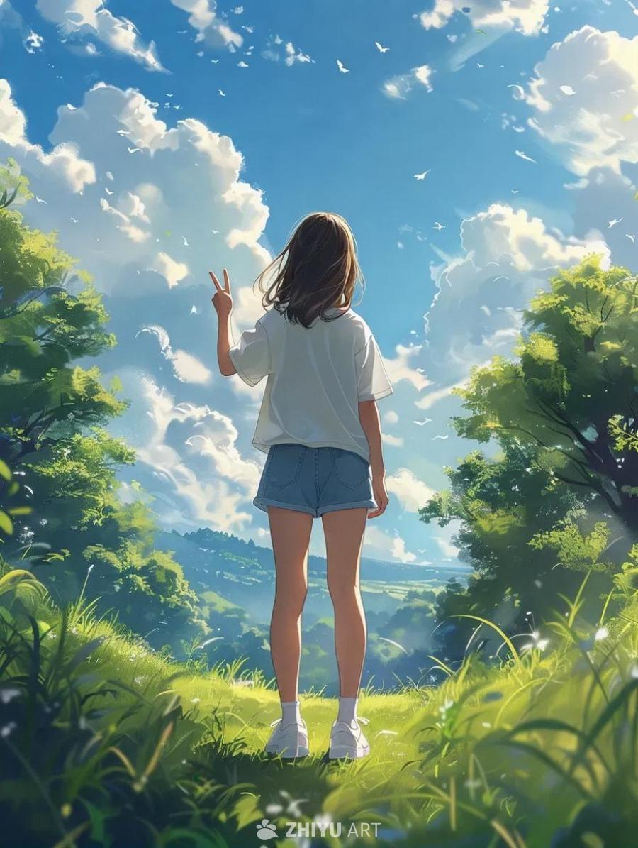 一个纤细的年轻少女站在一片茂盛的草地上，周围是高耸