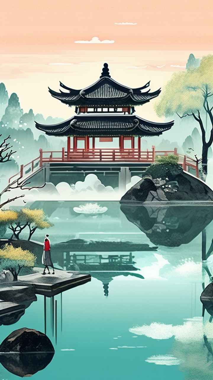 中国画园林植物水亭子插画 10