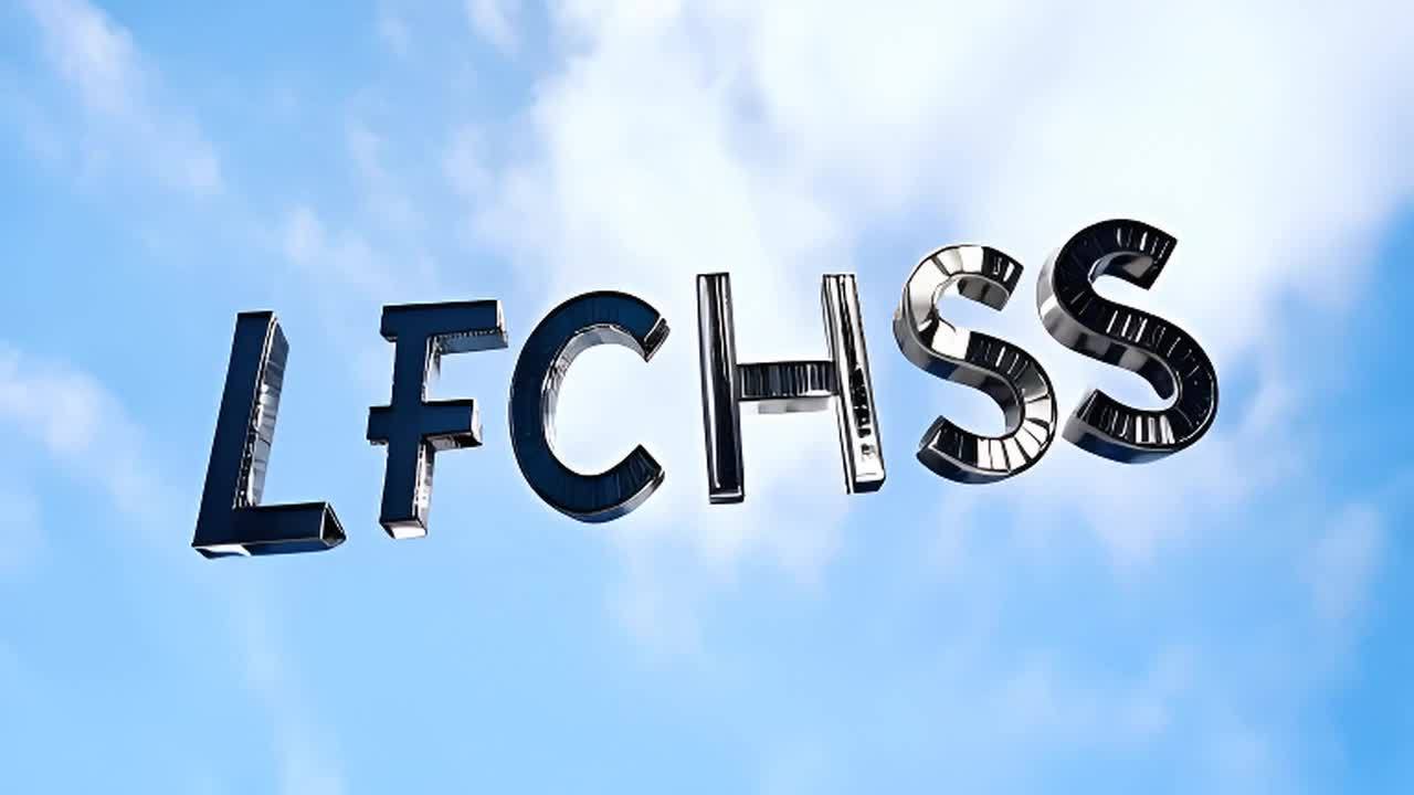 金属质感的字母LFCHSS在天空背景中显现，字母呈