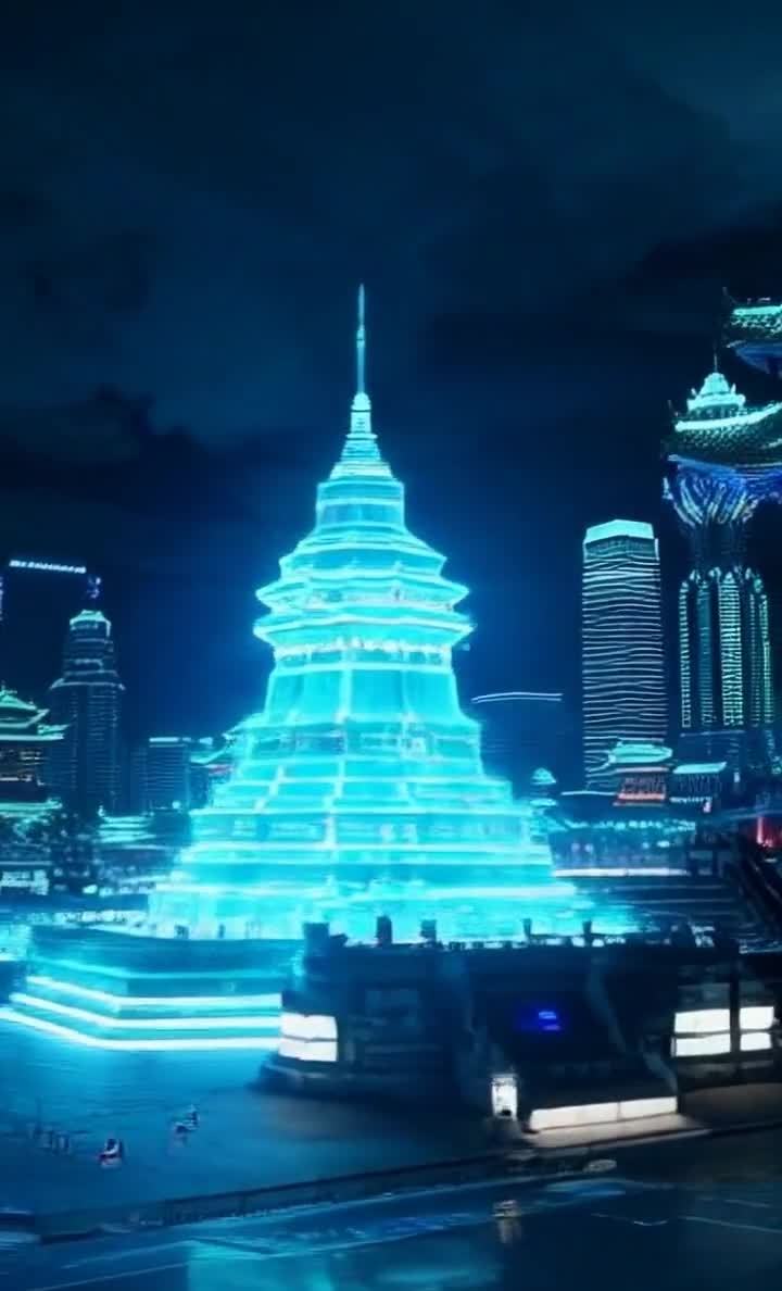 夜幕下，北京天坛以赛博朋克风格呈现。天坛整体呈现出