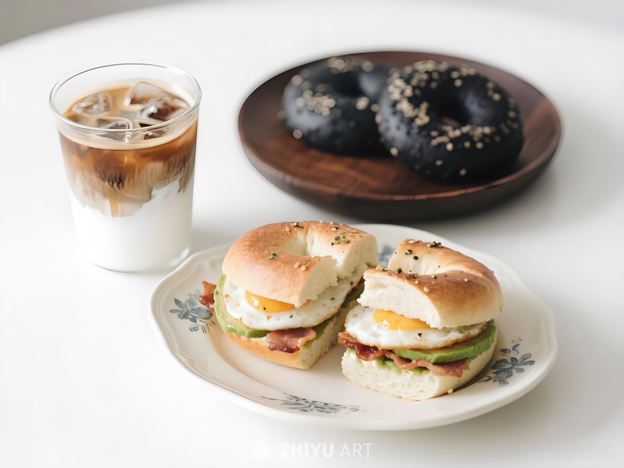 简约时尚美食白色桌面摆放贝果三明治黑芝麻贝果搭配分层冰咖啡