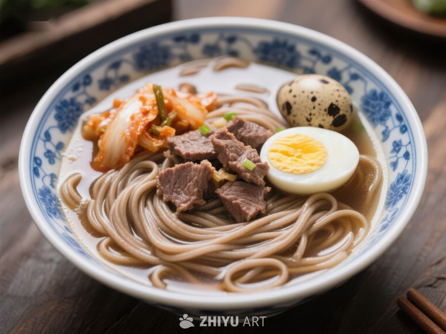 一碗美味的牛肉面配鸡蛋和泡菜 1332