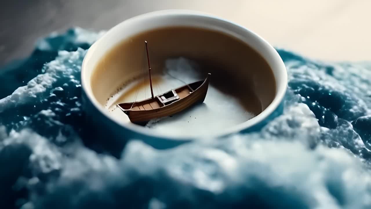 一个咖啡杯里，一艘小船漂浮在波涛汹涌的水面上。水花