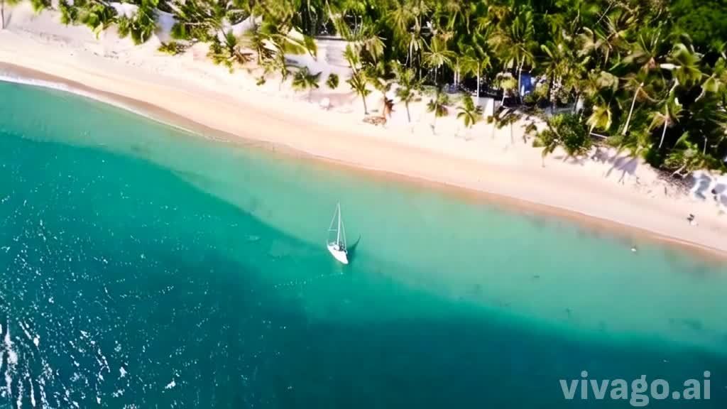 碧绿的海水环抱着原始海滩，阳光亲吻着细软的沙滩，摇