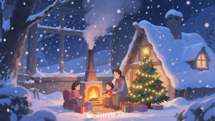 雪夜温馨家庭圣诞场景 388