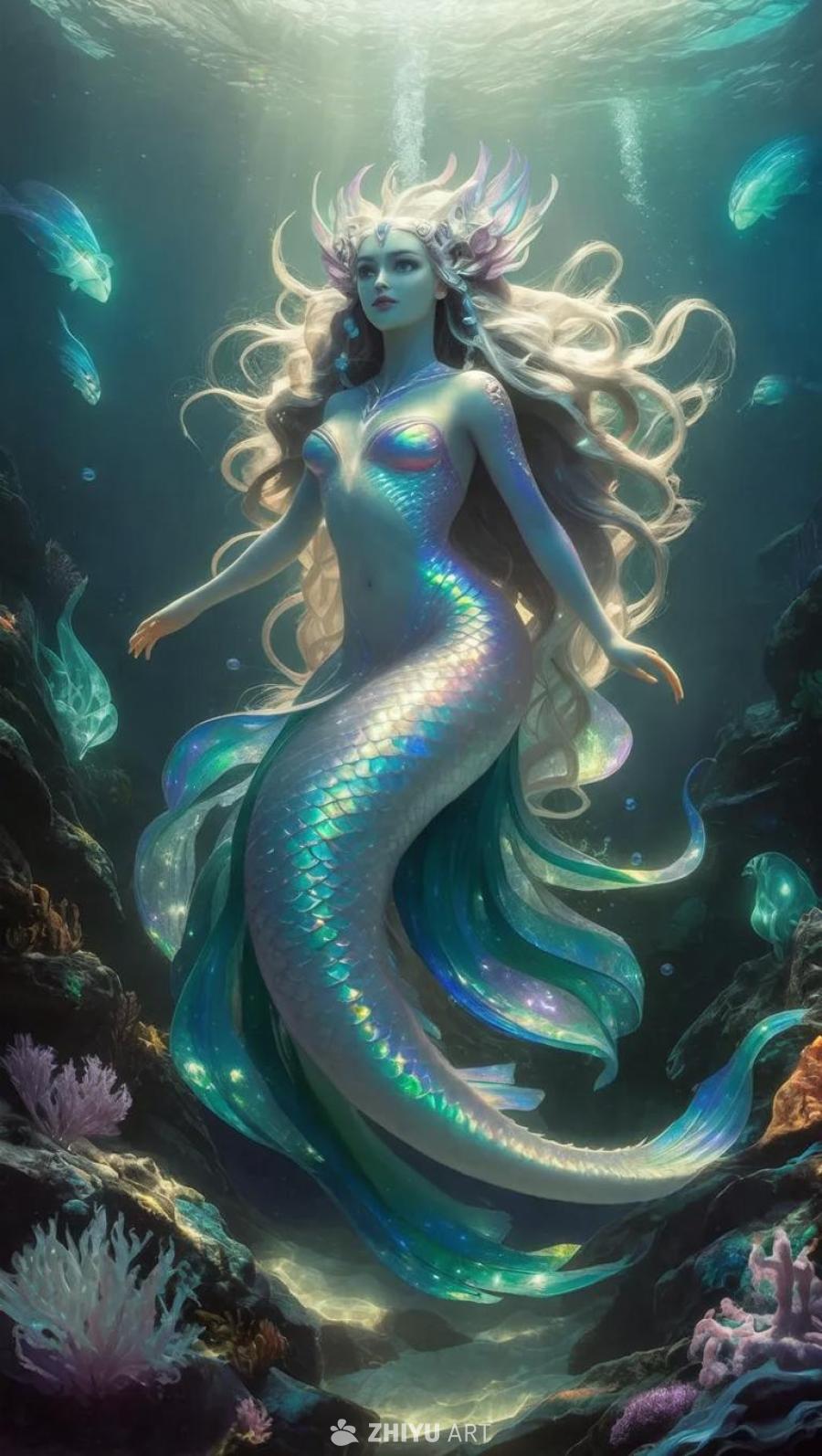 一位外星女神在波光粼粼的异星海洋深处优雅地漂浮着。