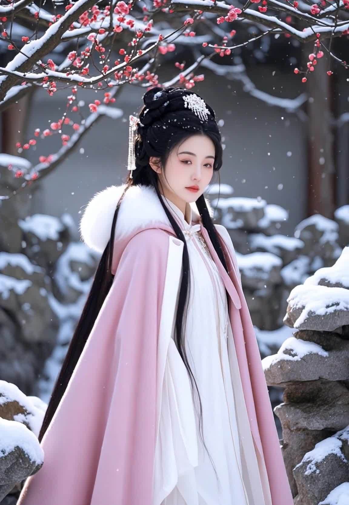 雪中着汉服的女子，粉色斗篷，红梅雪景。