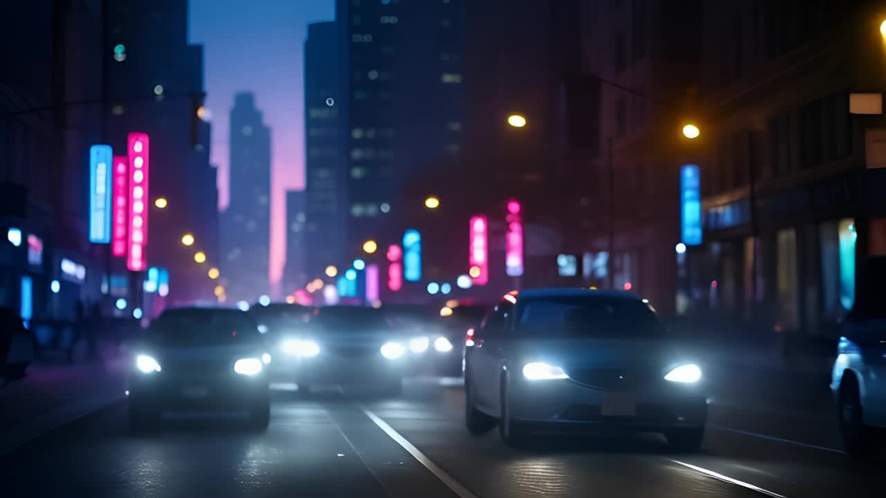 夜间的街道上，车辆行驶，车头灯投射出长长的阴影。霓