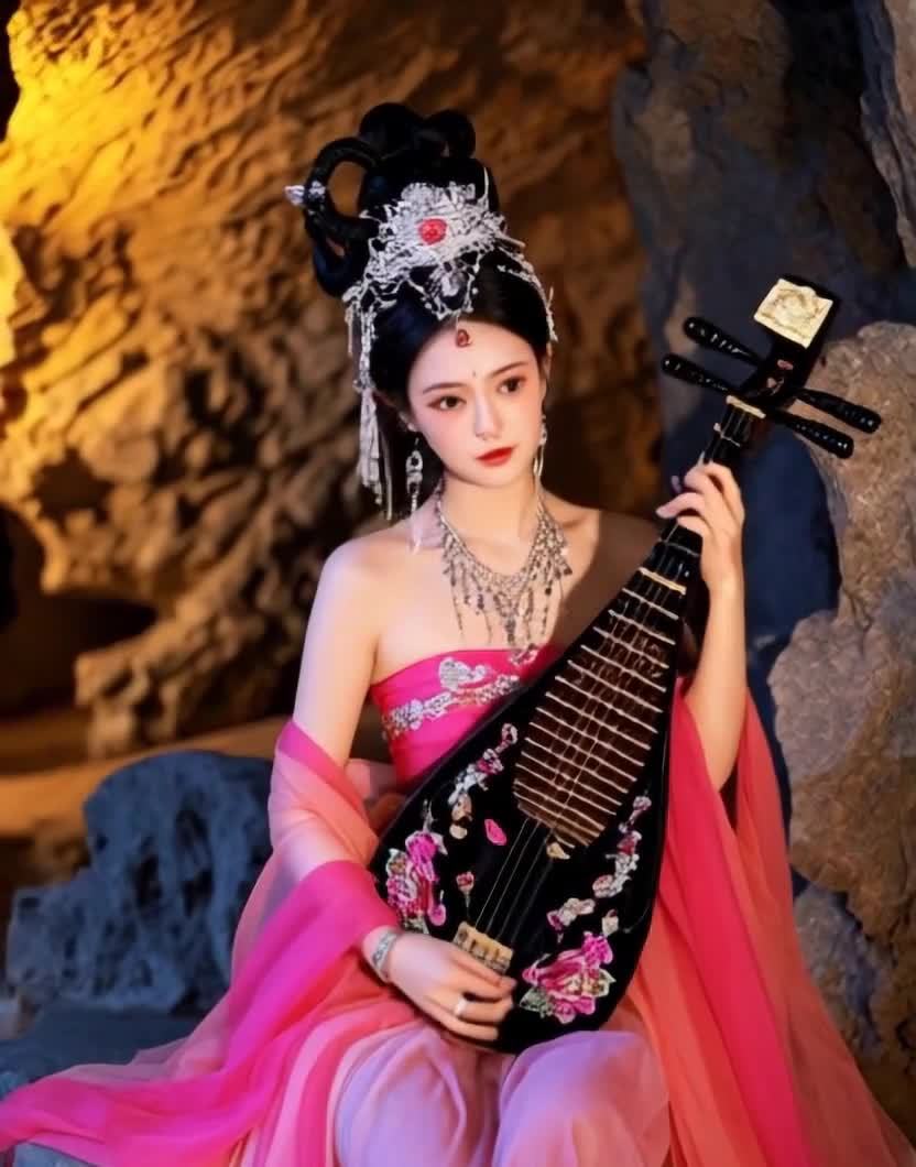 古装女子怀抱琵琶，洞穴背景古典韵味十足
