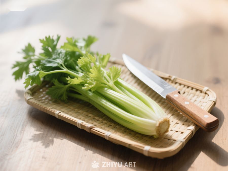 芹菜与刀置于竹制托盘上 337