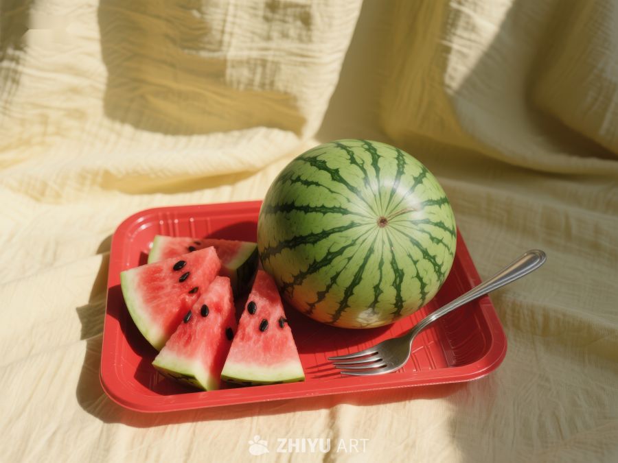 切片西瓜与整瓜置于红色托盘 419