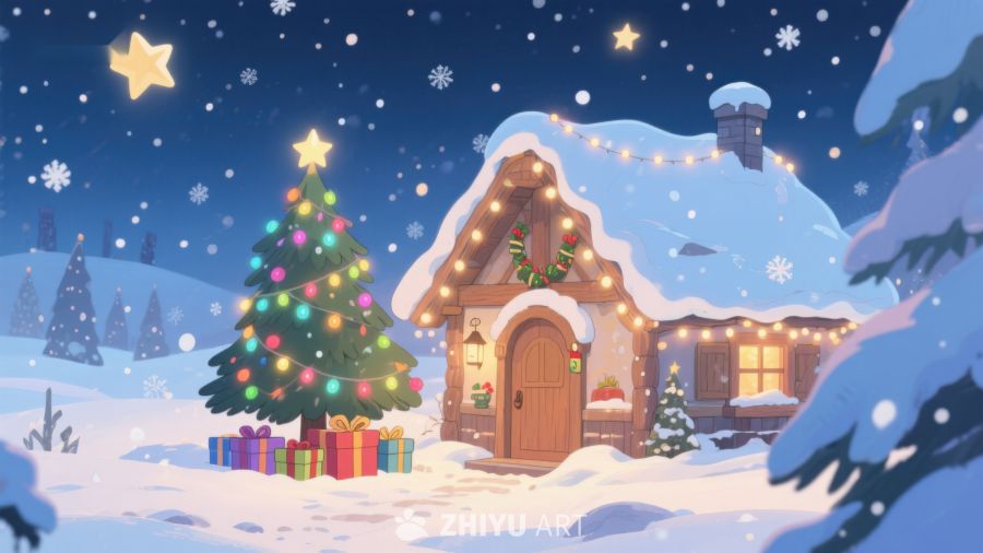 雪夜中的温馨小屋与圣诞树 513