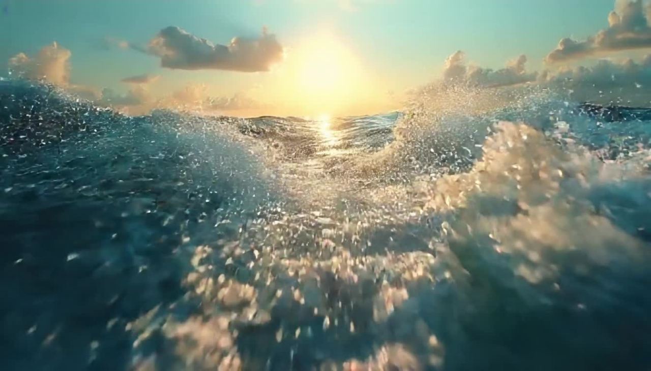 摄影机在波浪翻涌的海面上移动，第一人称视角，可以感