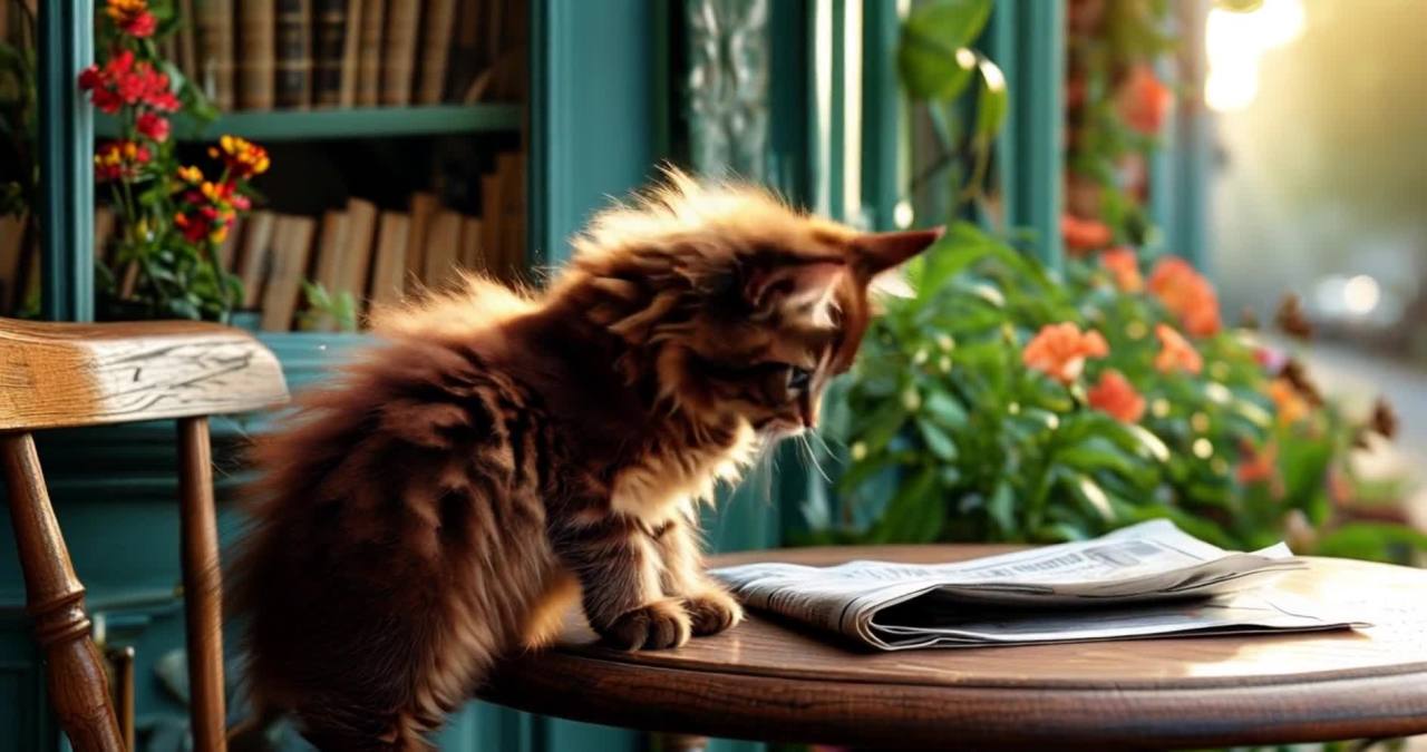 小猫圆桌读报窗外花，书架书籍盆栽绿色植物车辆