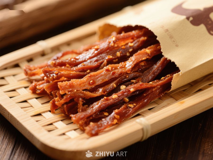 香辣牛肉干摆放在竹制托盘上 1613