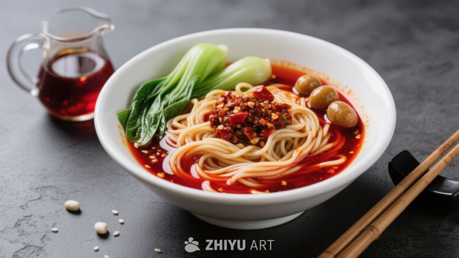 红油辣面配青菜与花生