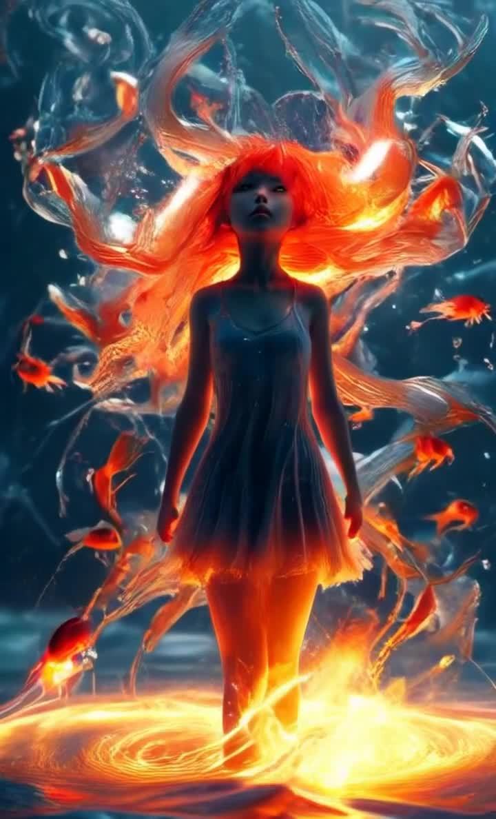 熔岩少女与鱼，冰火交织的能量漩涡。