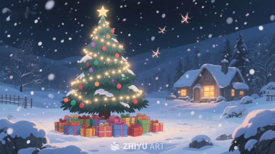 雪夜中的圣诞树与小屋 482