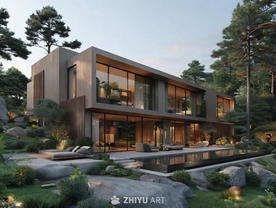 一栋现代风格的房屋，拥有落地窗和混凝土外墙，周围环