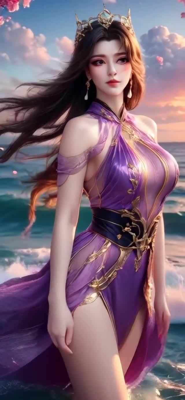 紫衣仙女立于海面，粉色花瓣飘落夕阳下。