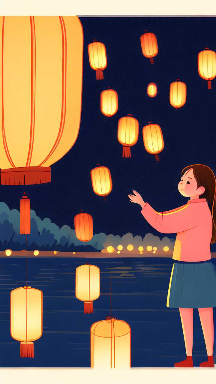唯美中元节河灯原创插画素材背景