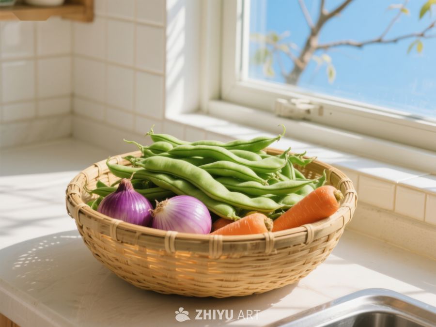 窗边竹篮里的新鲜蔬菜 126